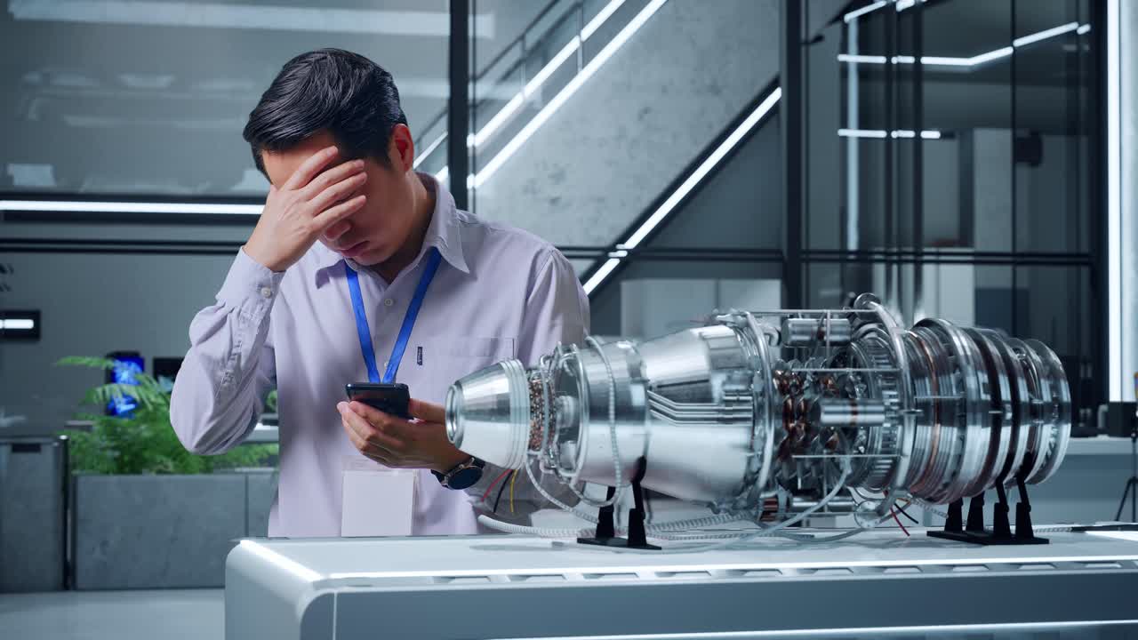 엔지니어는 스마트폰을 보고, 제트 엔진 모델에 좌절합니다.