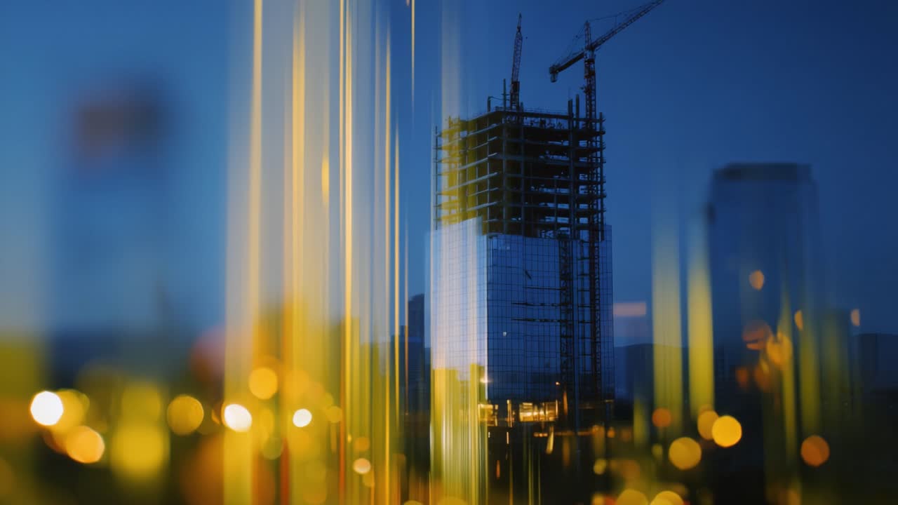 Dynamic Urban Skyline featuring a Construction Project with Modern Architecture and Tower Cranes set against a Dusk Backdrop of Beautiful City Lights