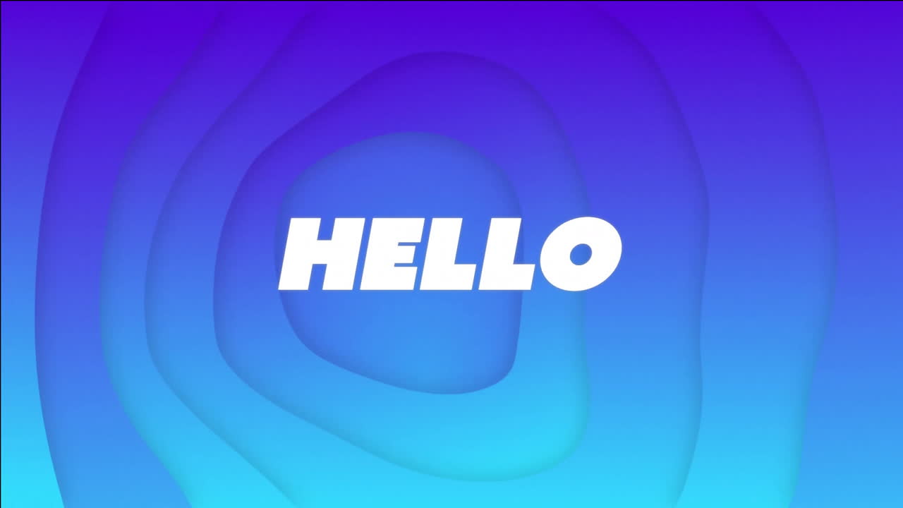 HELLO text animation over blue and purple gradient background with layered shapes