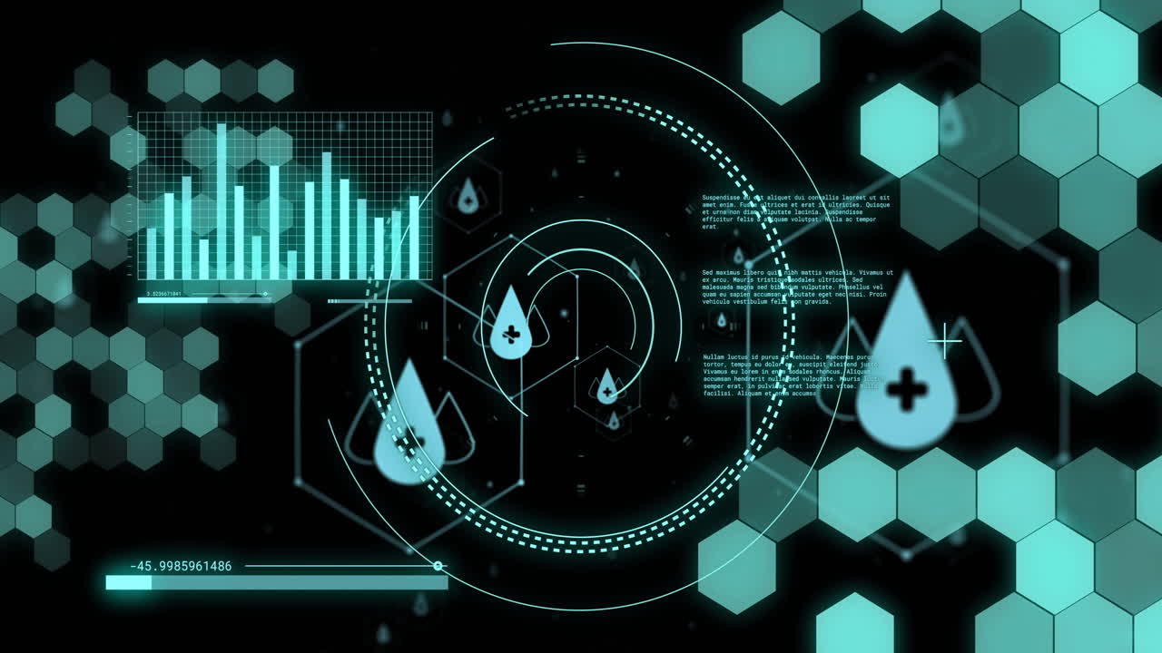 animación de escaneo de alcance y procesamiento de datos con hexágonos e íconos de caída en fondo negro