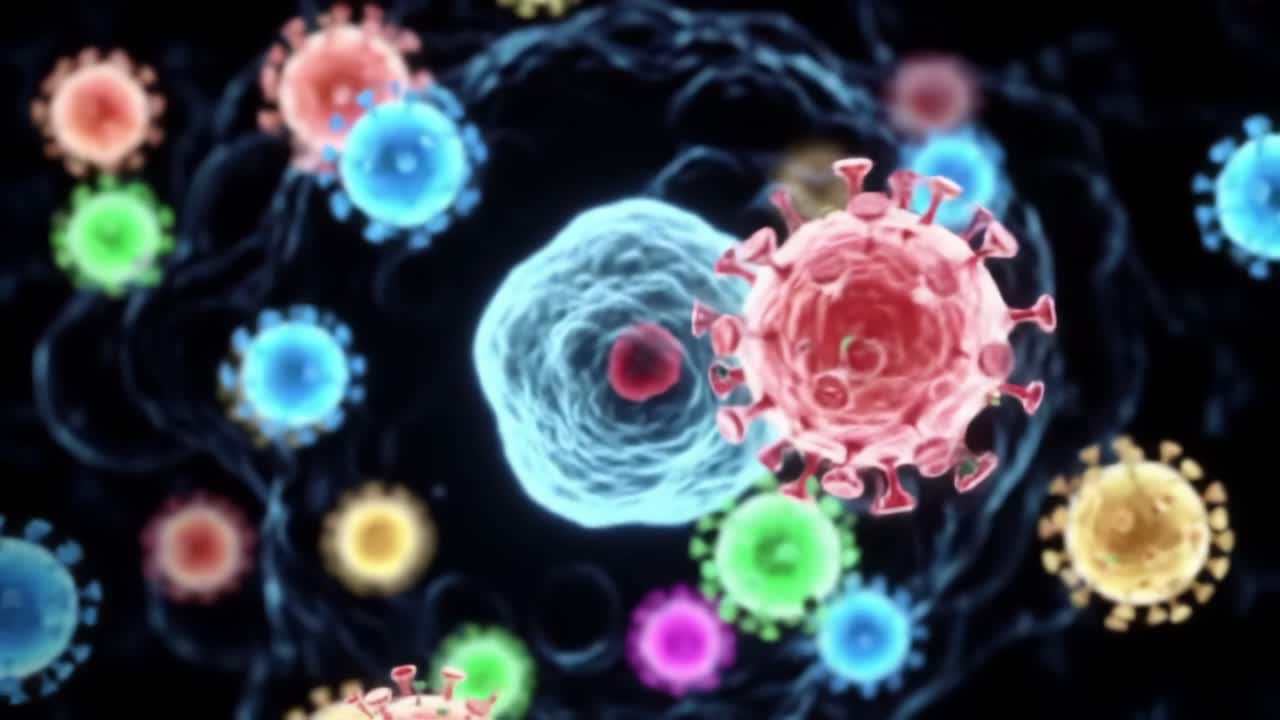 A Stunning Microcosm: Exploring the Dynamic Interaction of Colorful Viruses and Cells in a Vibrant Cellular Ecosystem