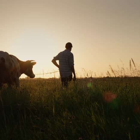 Farmer-leads-cow-through-a-meadow