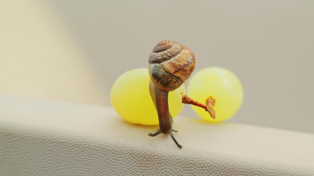 Snail slides down grapes on pale surface in slow motion, gentle macro springtime