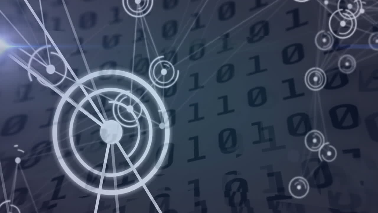 animación de procesamiento de datos con código binario y diagramas circulares en movimiento