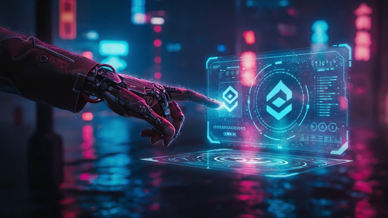A cybernetic hand interacts with a futuristic digital interface in a neon-lit cityscape, showcasing advanced technology and intricate holographic designs amidst a rainy atmosphere