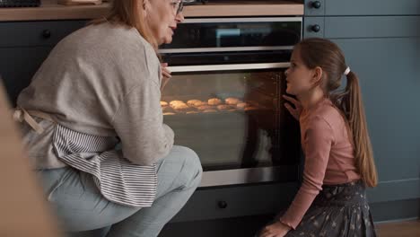 grandmother and granddaughter waiting for homemade cookies next to the oven