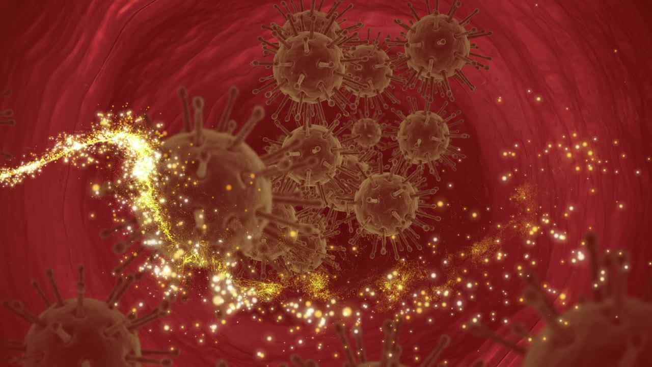 animación de estrellas fugaces girando y células macro covid 19