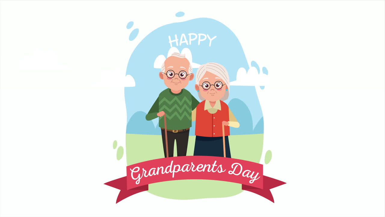 happy grandparents day card with old lovers couple and ribbon in the camp