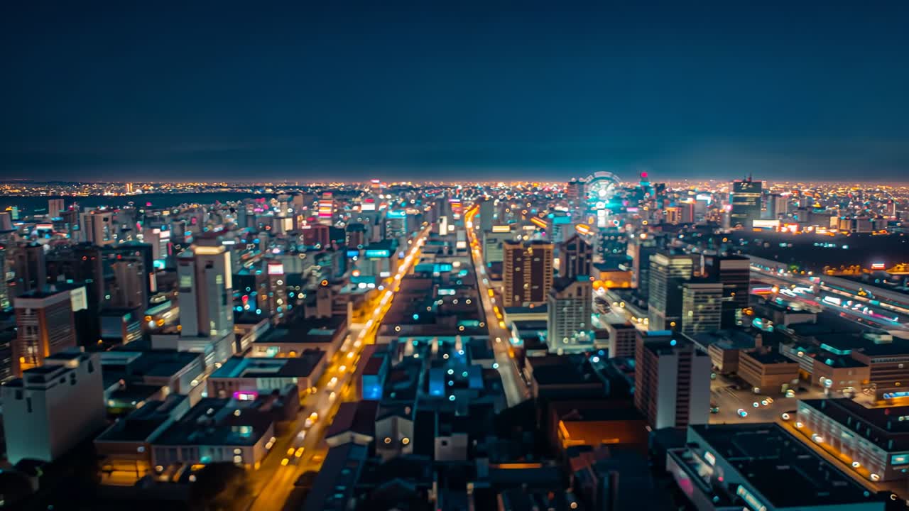 Opening drone shot capturing downtown showing lit avenue and buildings softening into bokeh lights