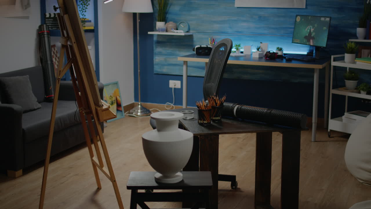 Nobody in artwork studio with creativity equipment