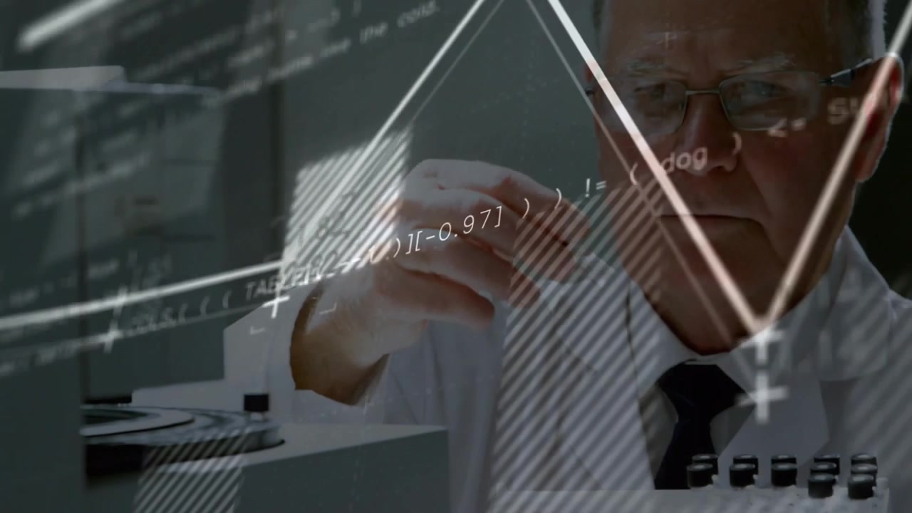 Lab tech reaching for vial from tray, loading unit, charts or code sweeping across frame for analysi