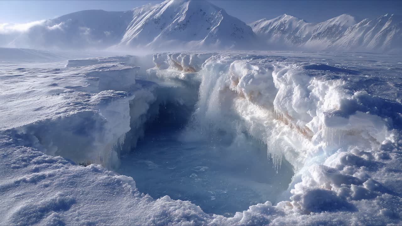 Majestic Frozen Landscape: An Enchanting View of Ice Formations and Crater in a Pristine Winter Wonderland with Snow-Capped Mountains in the Background