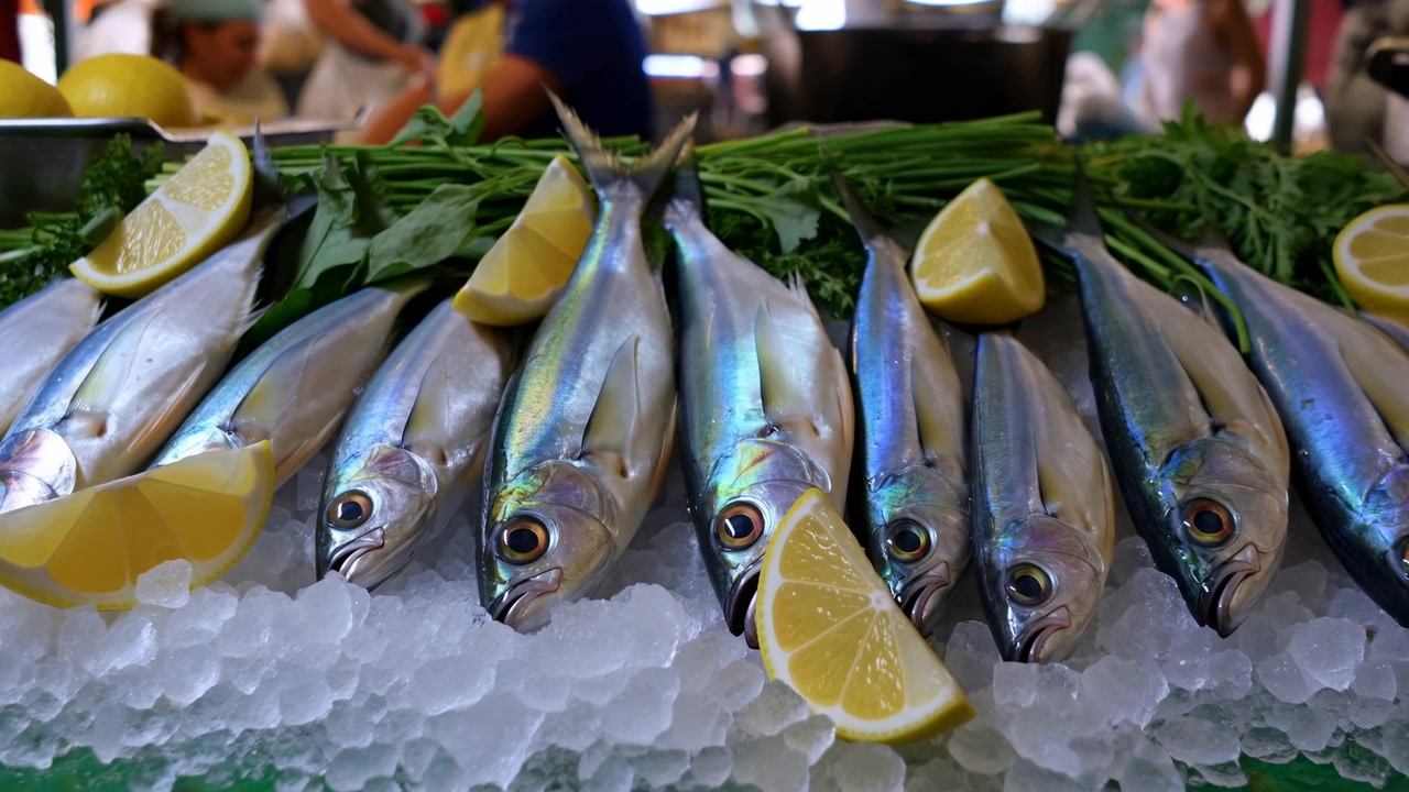 Fresh Fish On Ice Market Counter With Lemon Wedges And Parsley Garnish, Iridescent Silver Mackerel Arranged