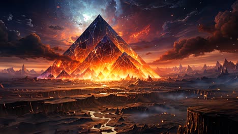 a fiery pyramid illuminates the dark landscape at sunset near mountains