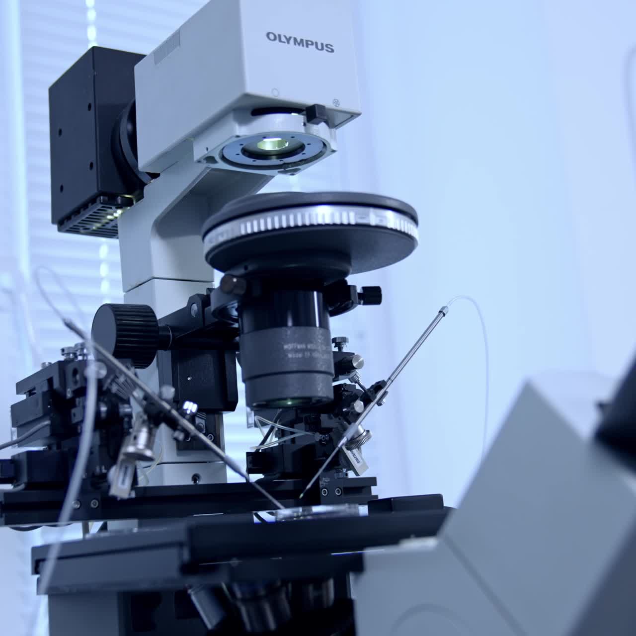 Technological equipment for embryo transfer in modern hospital of reproductive health. Medic looks at microscope at foreground in blur