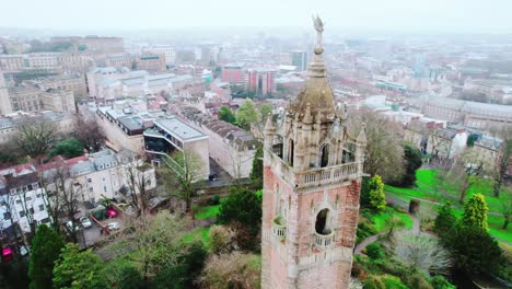 Drone-Circling-Around-The-Cabot-Tower-In-The-Public-Park-On-Brandon-Hill-In-Bristol,-England