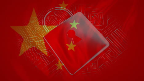 animation of padlock icon and motherboard network over flag of china