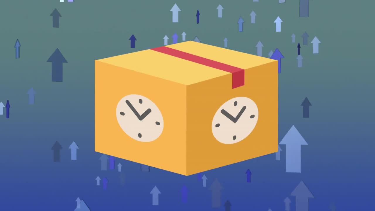 배달 패키지 상자의 디지털 애니메이션은 위로 움직이는 여러 화살표에 대항하여 시계를 맞추고 있습니다.