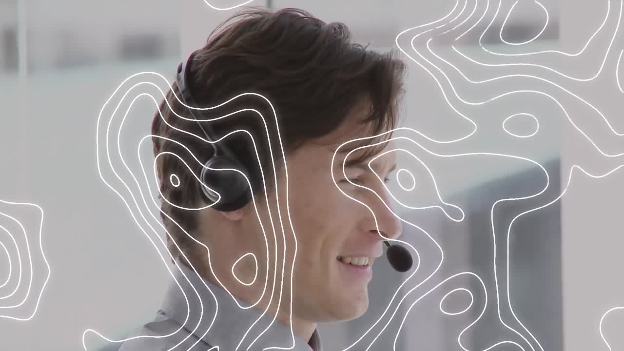 휴대폰 헤드 ⁇ 을 착용 한 남자 위에 움직이는 선의 애니메이션