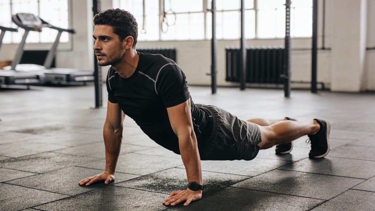 Doing man starting pushup set, lowering and pressing on gym mat, wearing compression tee and watch