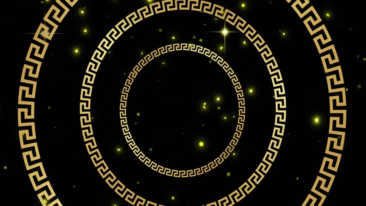 검은색 배경에 노란색 빛의 반이는 원과 반점의 애니메이션