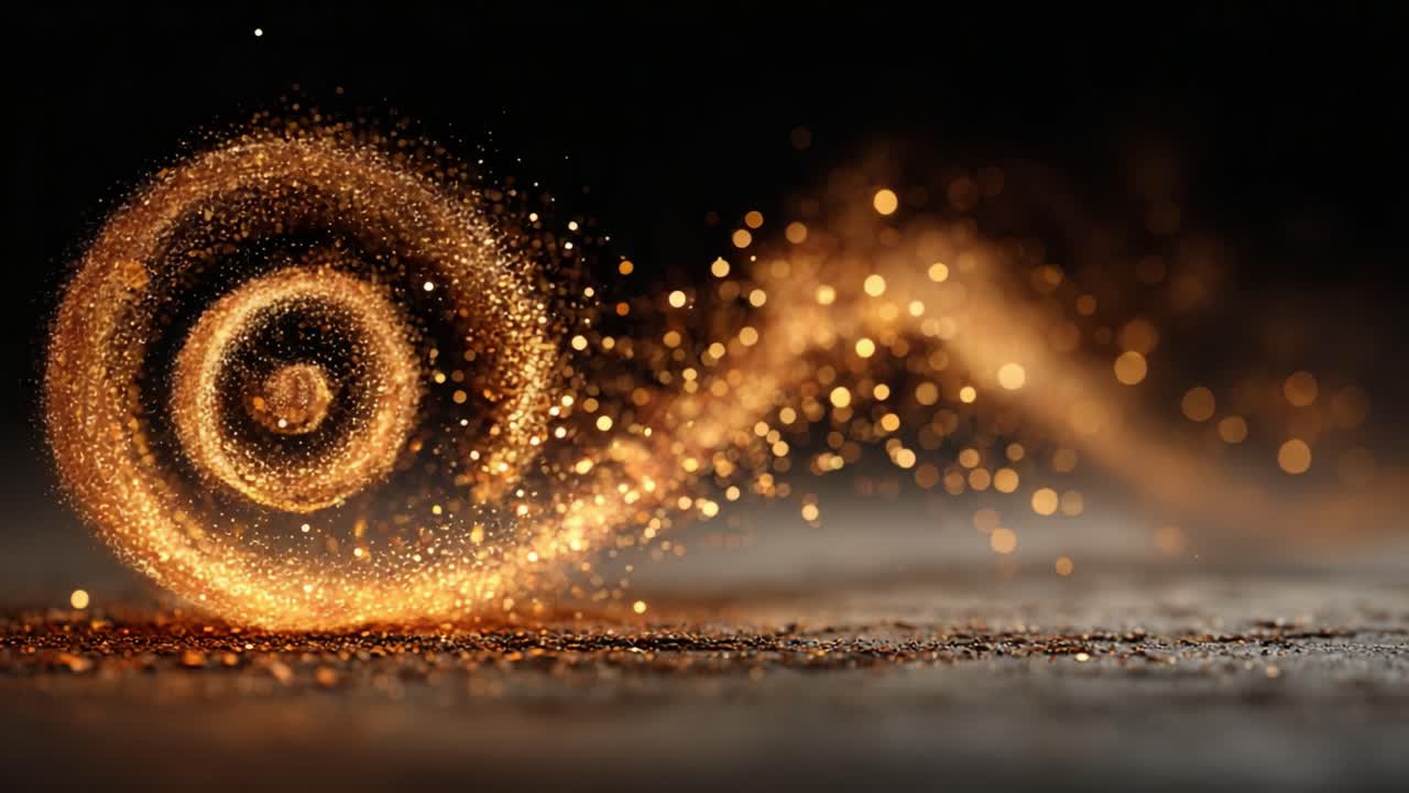 Turbinio dorato ipnotizzante di polvere scintillante in movimento, che cattura l'essenza di luce ed energia, creando una bellissima esperienza visiva in uno splendore cinematografico.