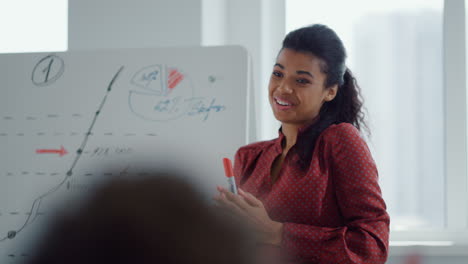 Afro-female-speaker-making-presentation-office.-People-applauding-businesswoman