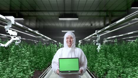 asian marijuana researcher smiling and showing green screen laptop to camera while standing in the marijuana greenhouse with smart robotic farmers