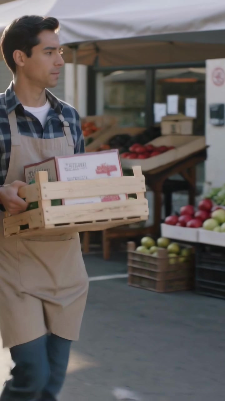 Video verticale: Un venditore del mercato, con grembiule, che entra da sinistra trasportando una cassa e rifornendo le bancarelle.