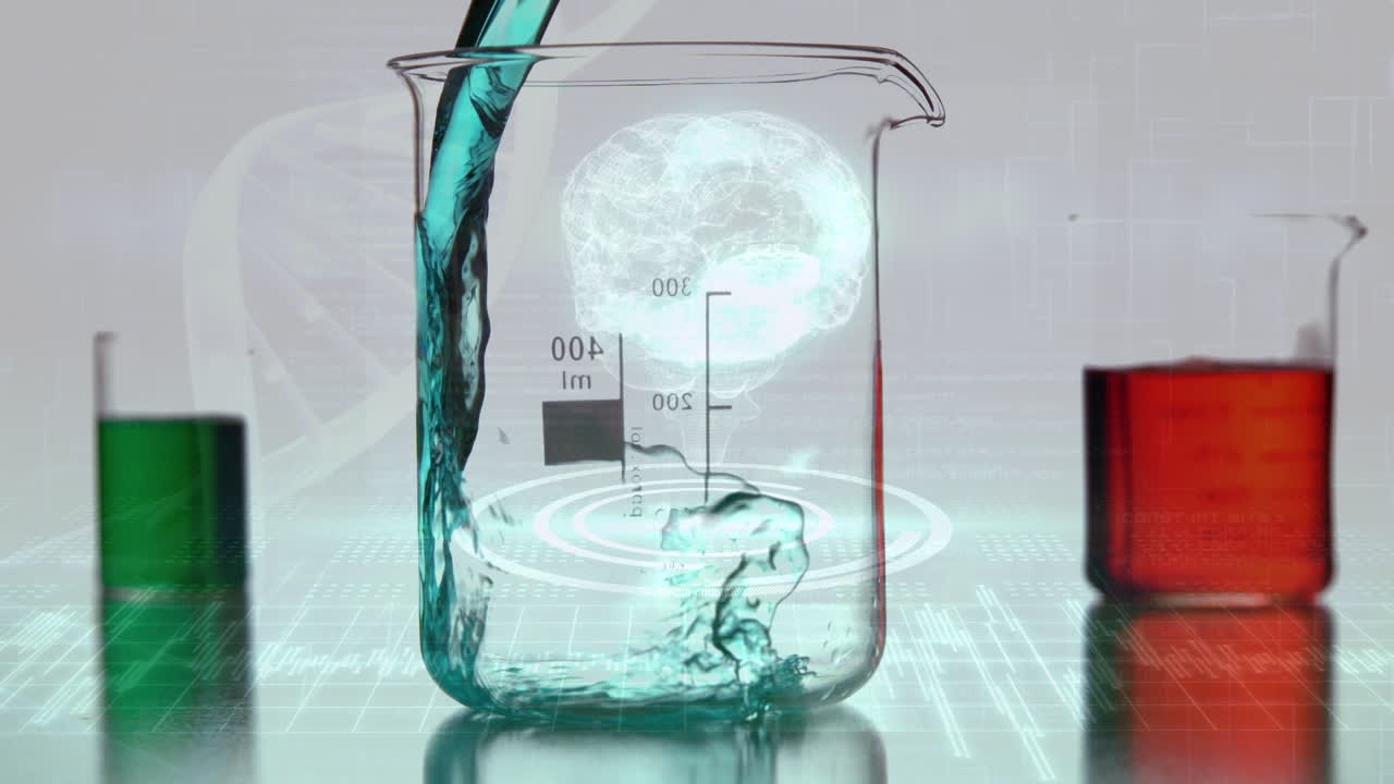 анимация цепи днк и цифрового мозга над чашками