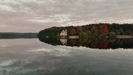 Approaching-Old-Stone-Church-On-Wachusett-Reservoir-In-West-Boylston,-Massachusetts,-USA