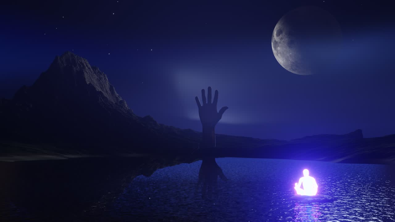 Persona che medita su un lago di montagna in una notte illuminata dalla luna, sfondo astratto. Render 3D, loop continuo.