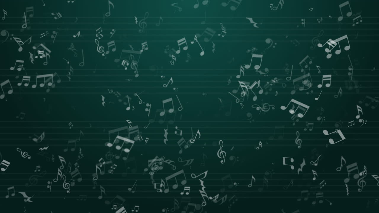 Fly musical symbols motion graphics on green loop background. Copy space.