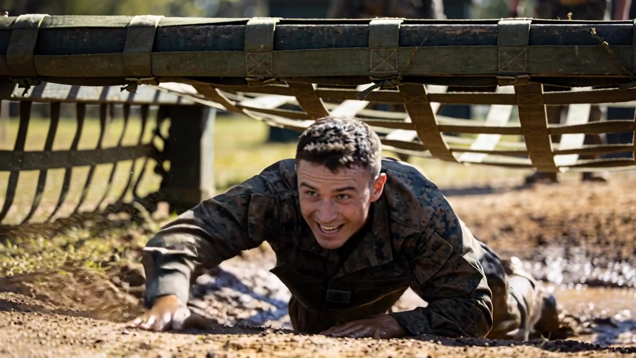 Crawling camo soldier pulling through mud under net at obstacle course after start to finish drill