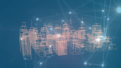 animation of network of connections over city on blue background