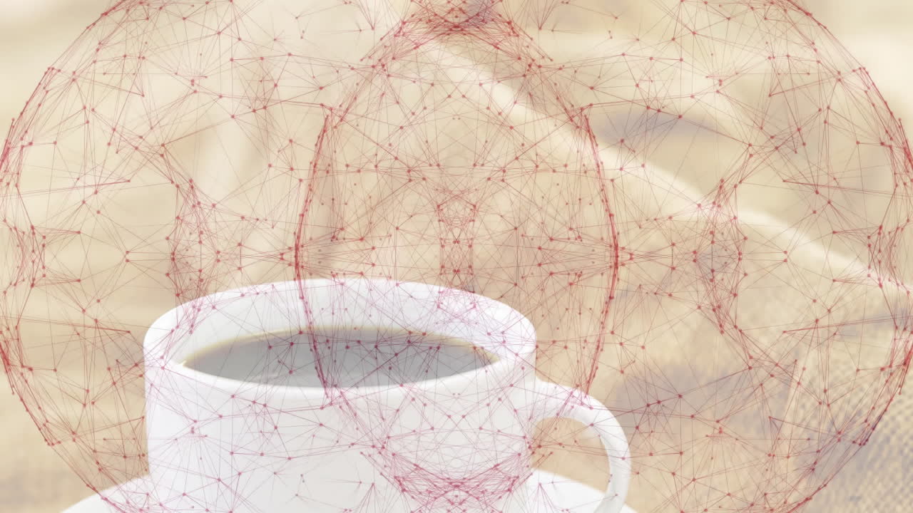 White ceramic coffee cup sitting on beige fabric featuring red network flat design overlay