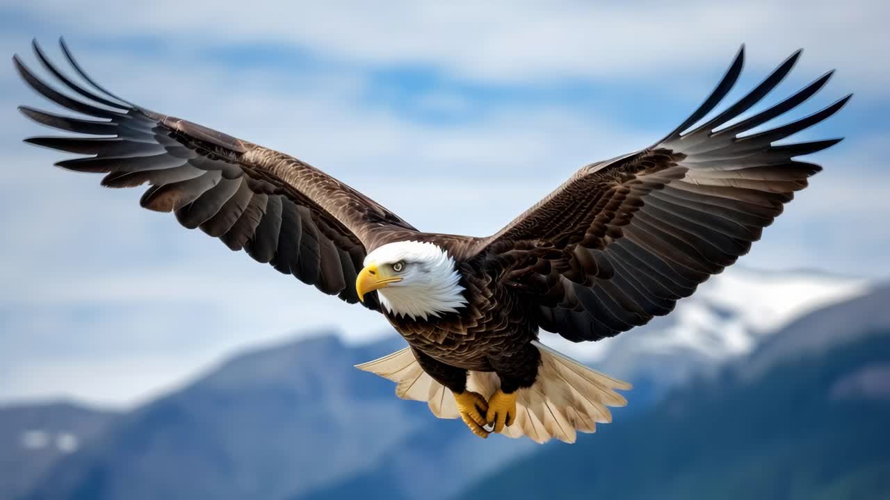 Aquila maestosa che plana con le ali spiegate, ripresa con una dinamica inquadratura dal basso