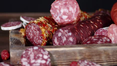 different types of sliced salami in a tray rotate slowly.