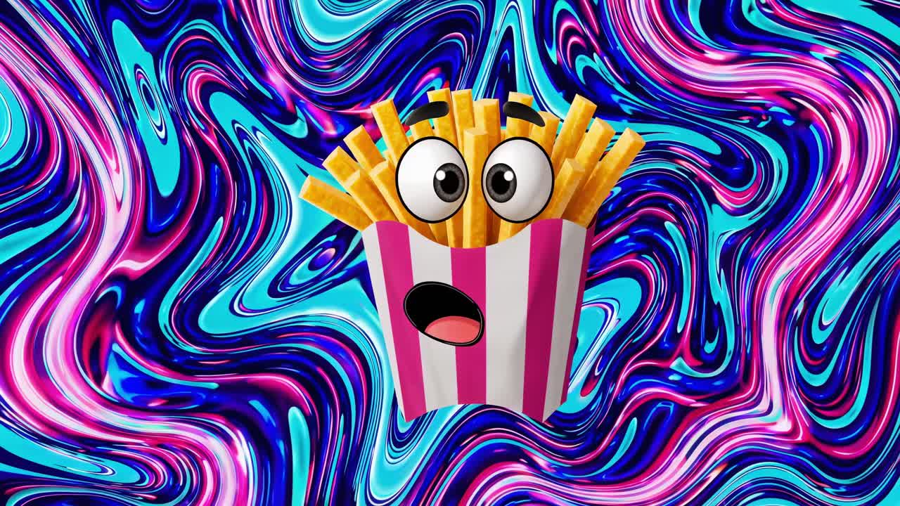 프라이스 (french fries) 는 놀란 표정을 가진 만화 캐릭터로, 활기차고, 회전하는 사이키델릭 배경에 배치되어, 장난스럽고 활기찬 시각을 만니다.