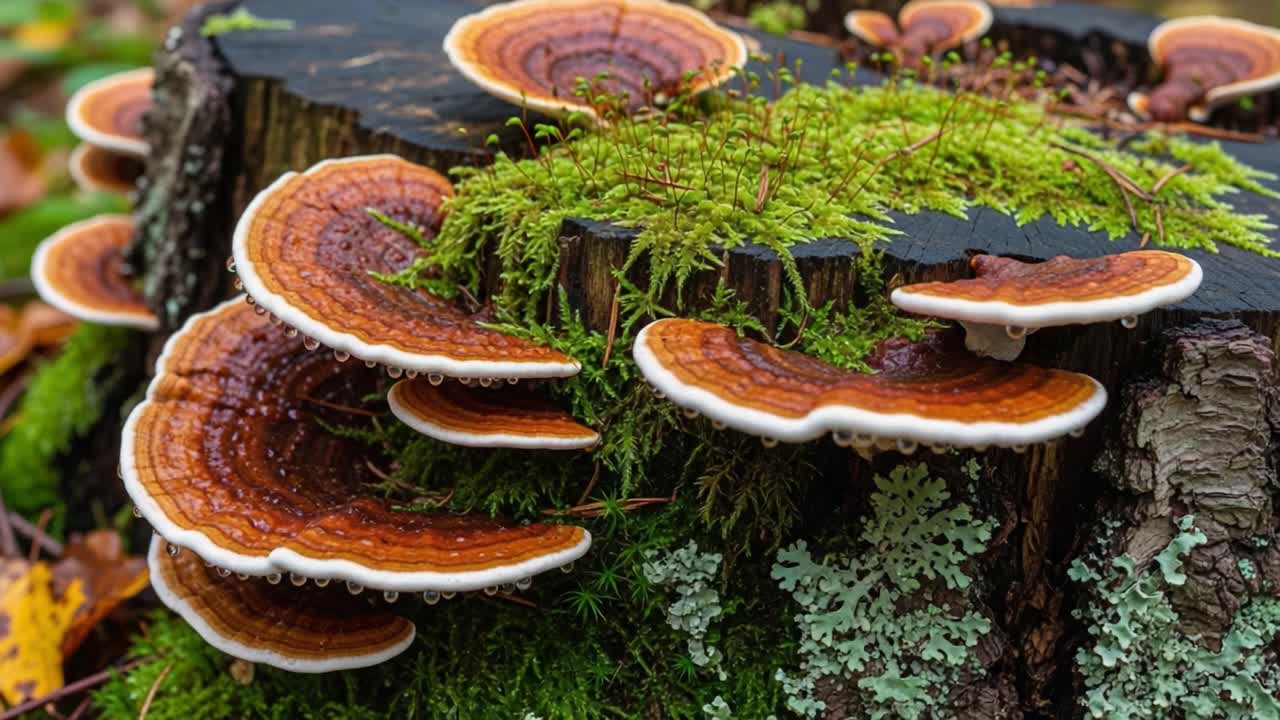 A stunning view of vibrant orange-brown fungus growing on the decayed trunk of a tree, surrounded by lush green moss and intricate lichen patterns, showcasing nature's resilience