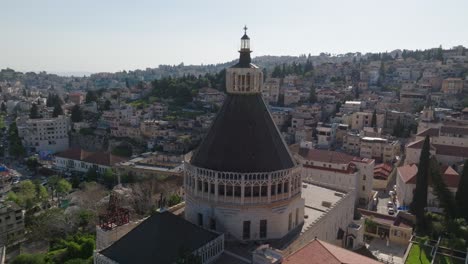 Aerial-orbits-multi-sided-dome-atop-Church-of-the-Annunciation,-Israel