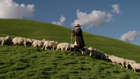 shepherd leading sheep up a hill