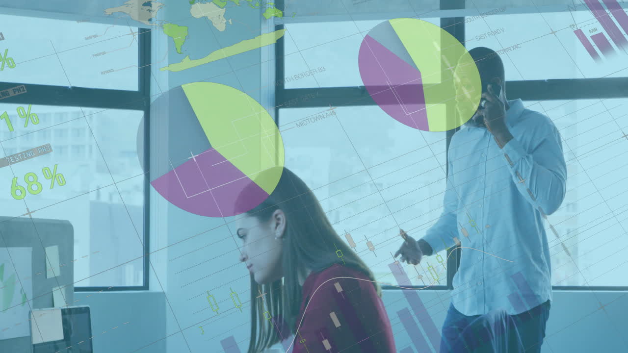 animación del procesamiento de datos financieros sobre diversos colegas que trabajan en la oficina