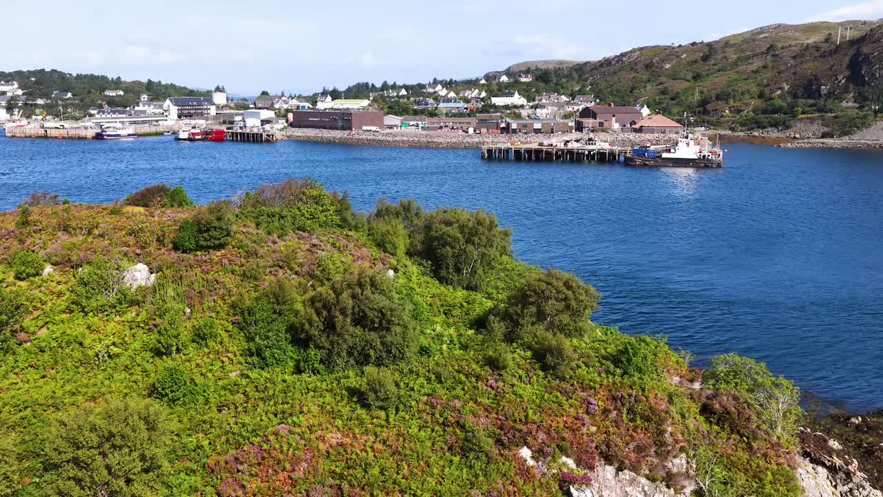 Drone glides over lush rocky island toward Dundee harbor, boats, and seaside village in daylight