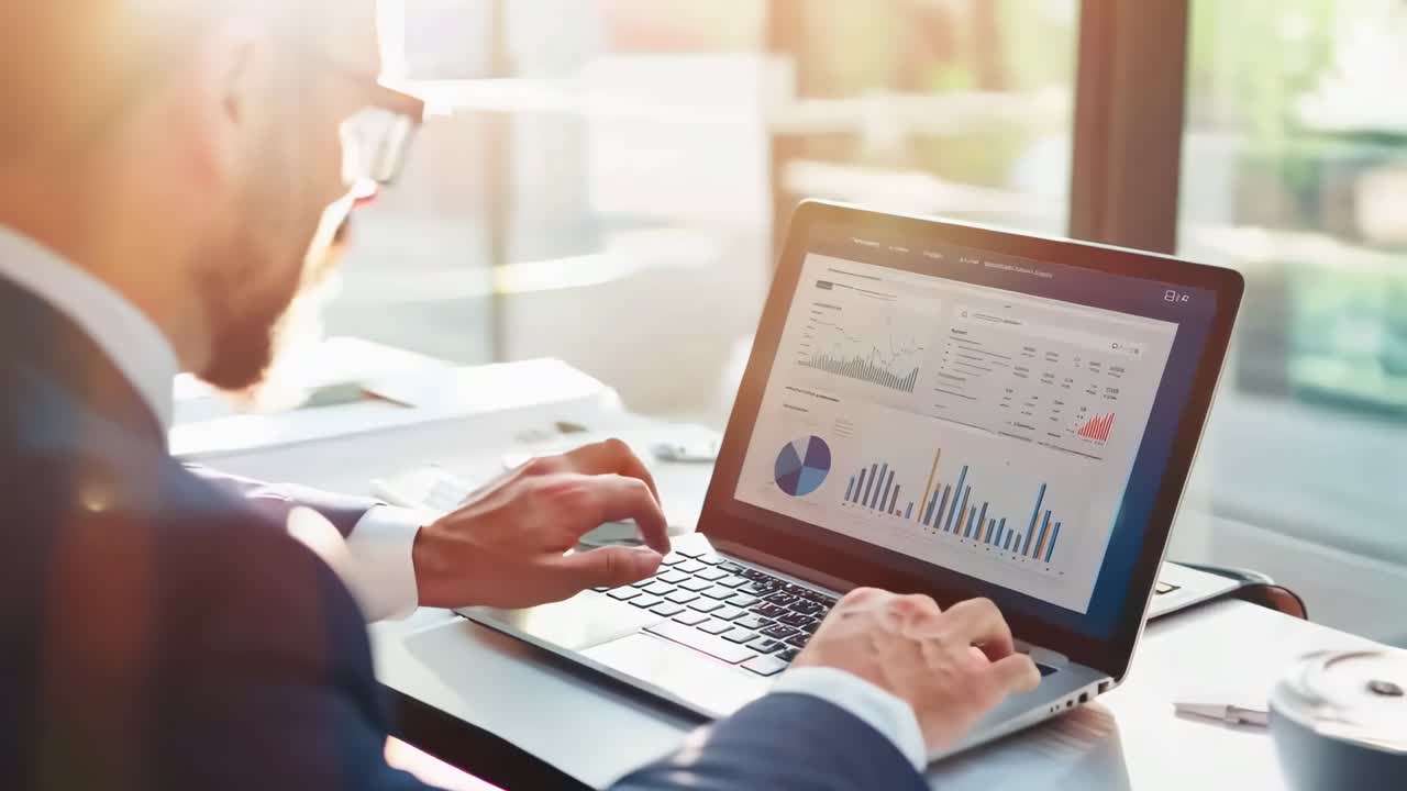 Over-skulder vinkel af en forretningsmand der analyserer data på en bærbar computer