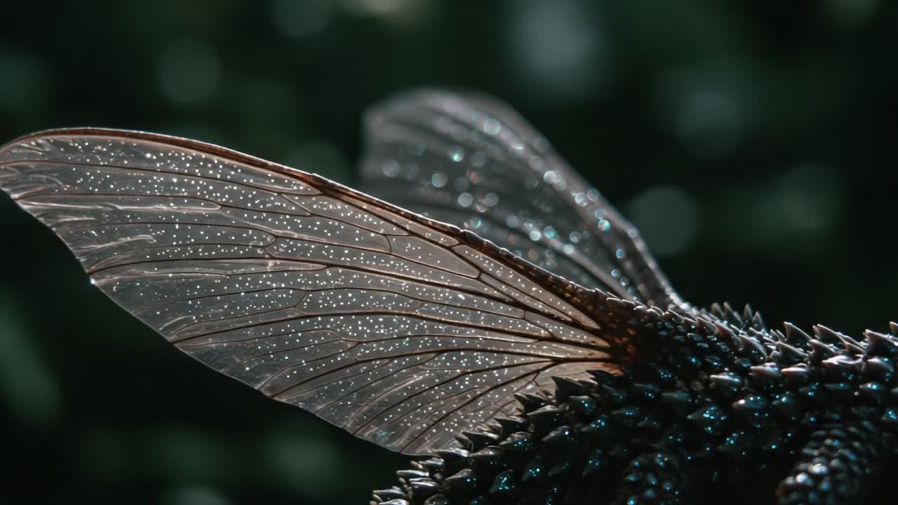 A Close-Up View of Stunning Insect Wings Covered in Dewdrops, Highlighting the Intricate Texture and Beauty of Nature's Artistry