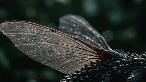 a close-up view of stunning insect wings covered in dewdrops, highlighting the intricate texture and beauty of nature's artistry