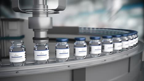 mass production of coronavirus covid-19 vaccine. manufacturing the vaccines on conveyor with covid-19 vials in the pharmaceutical laboratory. medicine for immunization and vaccination, loop animation