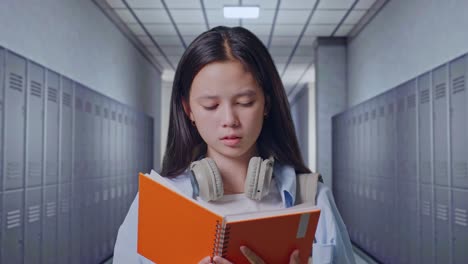 배을 들고 책을 읽고 복도에 서서 머리를 흔들고 있는 불만족한 아시아 십대 소녀 학생의 근접 사진