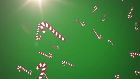 Animation-of-christmas-candy-canes-decorations-falling-with-glowing-light-on-green-background